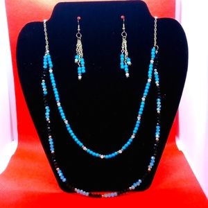 🆕 BLaCK/Aqua/Gold beaded dangle EARRINGS w/ DBL NECKLACE SET @HANDMADE Original